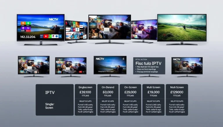 Abonnement IPTV 12 mois affiché sur plusieurs écrans avec chaînes TV en streaming haute qualité.