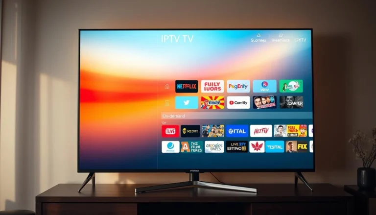 Interface du Meilleur abonnement IPTV montrant des chaînes TV en streaming sur plusieurs appareils.