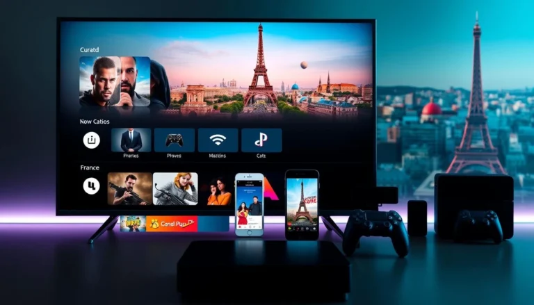 Interface moderne d’un abonnement IPTV France affichant des chaînes TV et films en 4K sur plusieurs appareils.